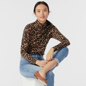 J. Crew Chic Leopard Brown Long Sleeve 100% Cotton Tissue Turtleneck Top MEDIUM